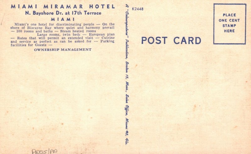 Vintage Postcard Miami Miramar One Hotel For Discriminating People Miami Florida