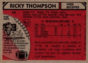 1980 Topps Football Card Ricky Thompson WR Washington Redskins sun0022