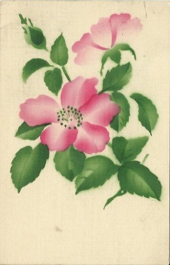 Vintage Postcard decorated with Pink Country Rose that is Stenciled and Airbrush