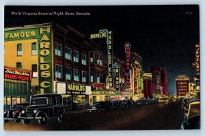 Reno Nevada Postcard North Virginia Postcard Street Night c1940 Vintage Antique