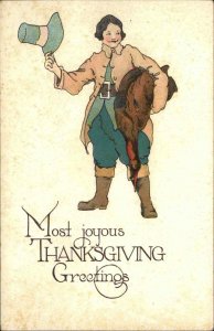 THANKSGIVING Young Pilgrim w Dead Turkey c1910 Postcard