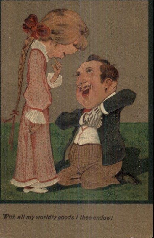 Embossed Caricature - Man Prosfessing Love  to Pretty Woman c1910 Postcard