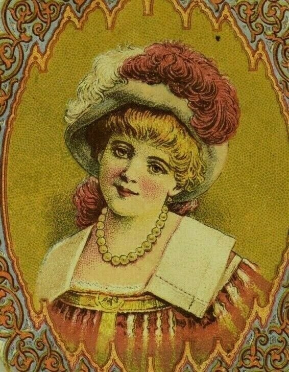 1880's Die-Cut Enoch Morgan's Sons Sapolio Lovely Lady Feathers Hat B P178