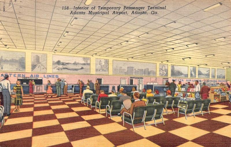 ATLANTA, GA Georgia TEMPORARY AIRPORT PASSENGER TERMINAL~Interior  1950 Postcard