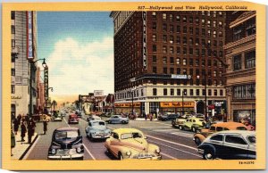 California CA, Hollywood and Vine Hollywood, Cars, Road Street, Vintage Postcard