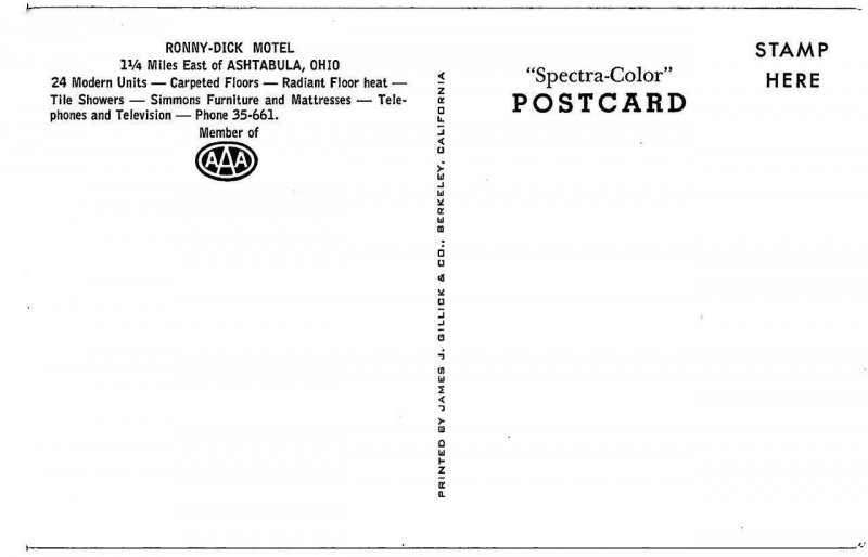 Ashtabula, Ohio RONNY-DICK MOTEL Roadside 1950s Chrome Vintage Postcard