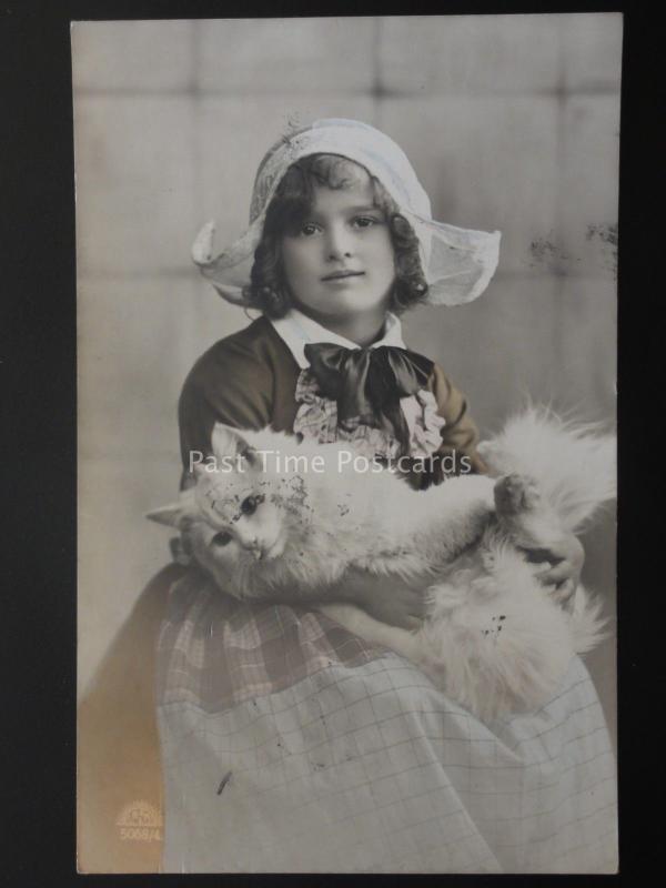 Studio Portrait LITTLE GIRL with PUSSY CAT c1912 RP Postcard by R & K. L. 5068/4