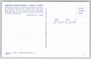 State Greetings~Amish Girls Leaving Shopping Arcola Illinois~Vintage Postcard