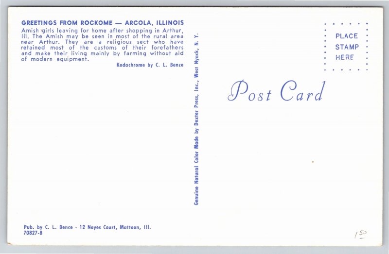 State Greetings~Amish Girls Leaving Shopping Arcola Illinois~Vintage Postcard