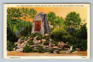 Titusville PA-Pennsylvania Monument Drake Memorial State Park, Linen Postcard