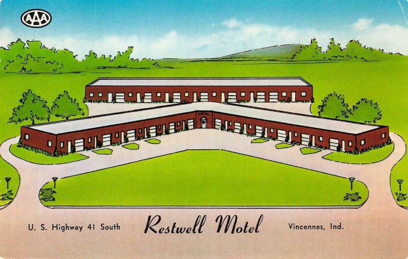 RESTWELL MOTEL Vincennes, Indiana Highway 41 Roadside ca 1950s Vintage Postcard