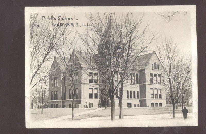 RPPC HARVARD ILLINOIS PUBLIC SCHOOL BUILDING VINTAGE REAL PHOTO POSTCARD