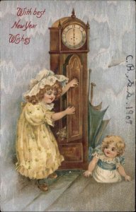 New Year's Children Grandfather Clock c1900s-10s Postcard