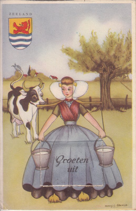 Greetings from Zeeland Netherlands leporello fold out multi views milkmaid & cow