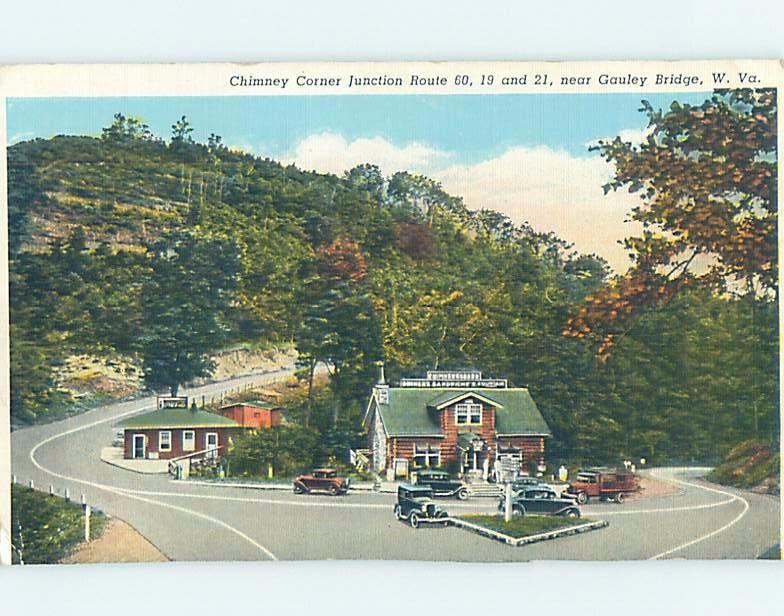 Damaged Trimmed Linen OLD CARS BY SHOP AT INTERSECTION Chimney Corner WV F1140