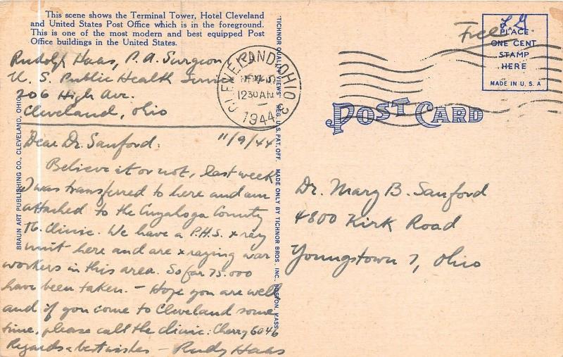 Cleveland Ohio~Hotel Cleveland-Terminal Group-US Post Office~1944 Note on Back