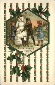 CHRISTMAS Cute Kids Make Snowman HOLLY BORDER c1910 Postcard