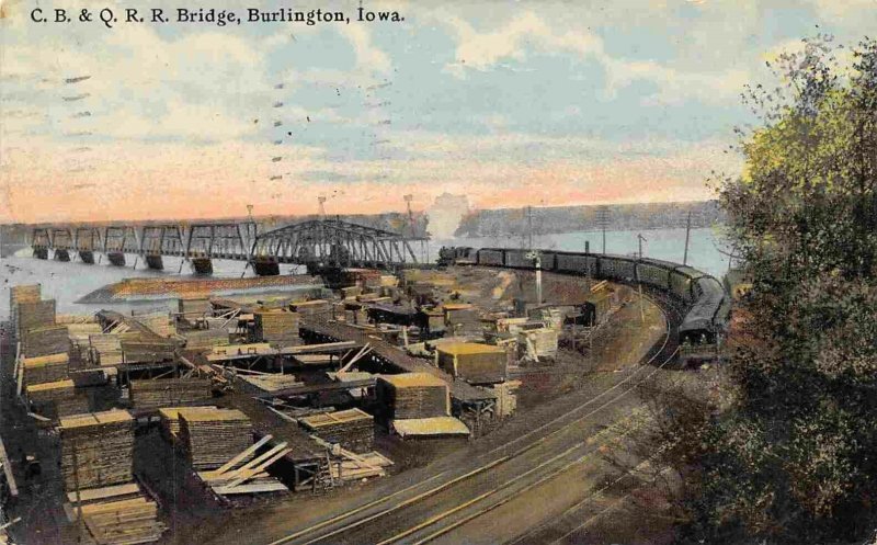 CB&Q Railroad Bridge Train Burlington Iowa 1911 postcard