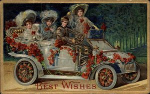 BEST WISHES Beautiful Women and Man in Flower Car FANTASY c1910 Postcard