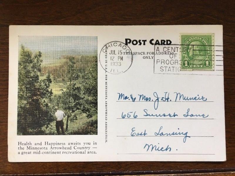 1933 Minnesota State Exhabit Follow Up Mailer for Arrowhead County Postcard D8