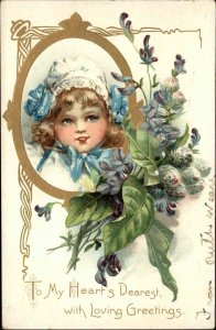 Tuck Greetings Pretty Little Girl Art Nouveau Border c1910 Vintage Postcard