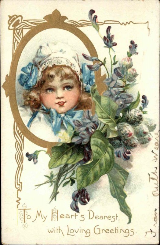 Tuck Greetings Pretty Little Girl Art Nouveau Border c1910 Vintage Postcard