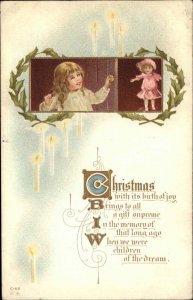 Christmas Pretty Little Girl with Doll Dolly in Pink c1910 Vintage Postcard