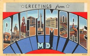 GREETINGS FROM BALTIMORE MARYLAND CURT TEICH LARGE LETTER POSTCARD 1945