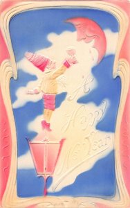 New Year Greetings Humanized Moon Dwarf Champagne Glass embossed postcard B992