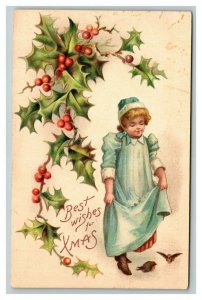 Vintage 1910's Christmas Postcard - Cute Girl Blue Dress Mistletoe Holly Berries