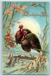 Thanksgiving Postcard Turkey On The Tree Full Moon Winter Scene Tuck c1910's