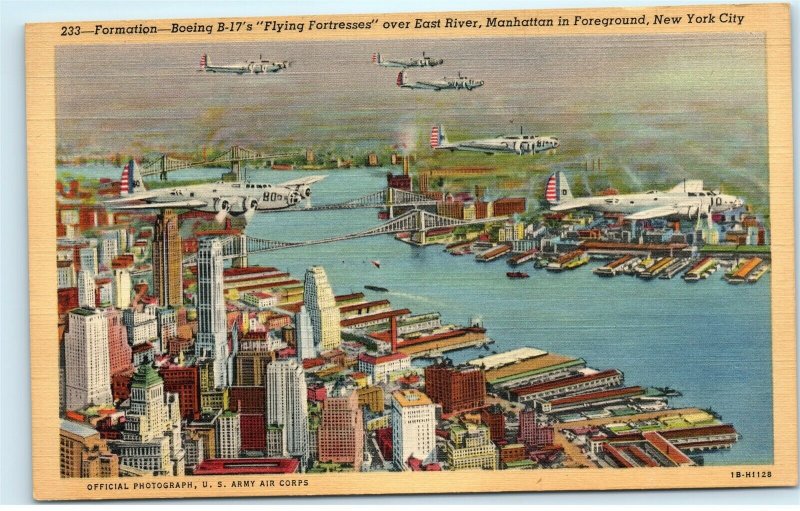 Boeing B-17s Flying Fortresses Formation East River NYC Vintage Postcard E14