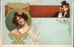 Art Nouveau Beautiful Woman Fancy Men Used 1900 Postcard