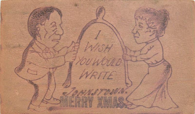 Leather Christmas Postcard; Man & Woman Pull Giant Wishbone, Posted 1906