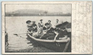 M-1416 Landscape People Row Boat Lake Vintage Picture