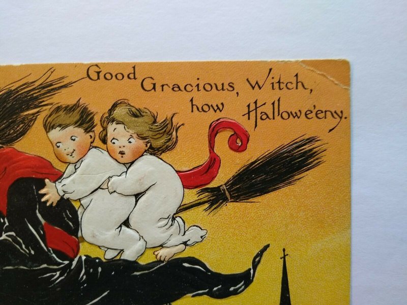 Vintage Halloween Postcard Large Witch & Children Riding Broom Tuck Series 188  