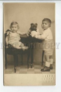 439228 Hungary EGER Kids TEDDY BEAR Toy BUNNY Rabbit REAL PHOTO 1942 KODAK