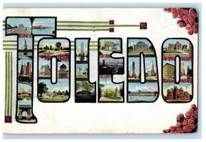 1908 Greetings From Toledo Ohio OH, Big Letters And Red Flowers Antique Postcard 