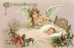 Embossed Tuck Christmas Postcard 102 Angel Watches Over Sleeping Child