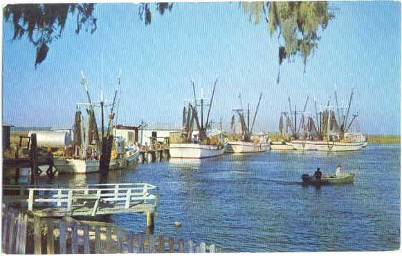 Docks and Fishing Fleet at Valona, Georgia GA, Chrome