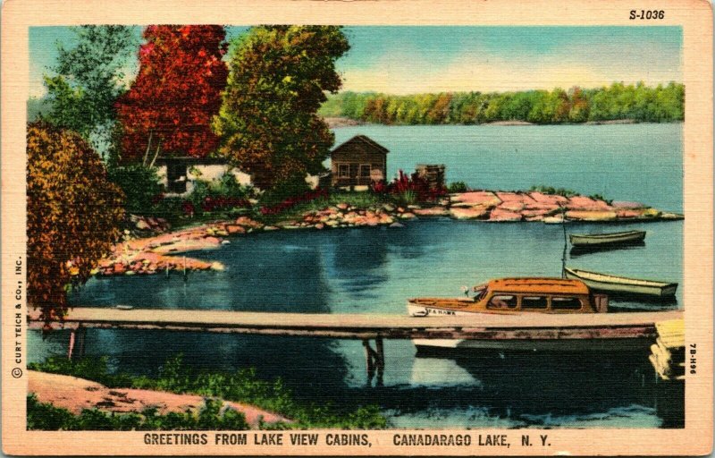 Vtg Linen Postcard - Greetings From Lake View Cabins Canadarago Lake NY - Unused