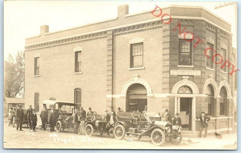 1910s Tripoli Iowa State Bank Street Real Photo RPPC Automobile Touring Cars A26 