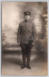 Handsome US Soldier with his Weapon Studio Photo Wm M Smith c1915 Postcard F30