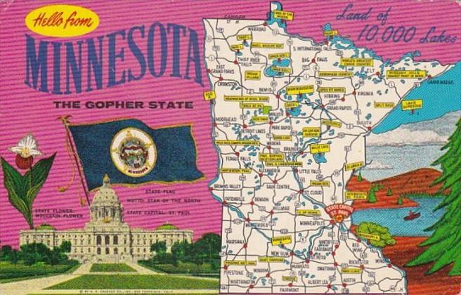 Greetings From Minnesota With Map 1970