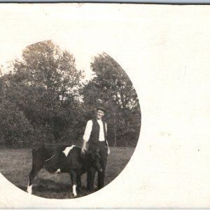1912 Brookfield, MA Cancel RPPC Young Man w/ Calf Newsboy Flat Ivy Cap Hat A245