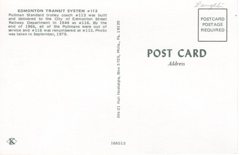 US    PC1398  EDMONTON TRANSIT SYSTEM #113 TROLLEY BUS