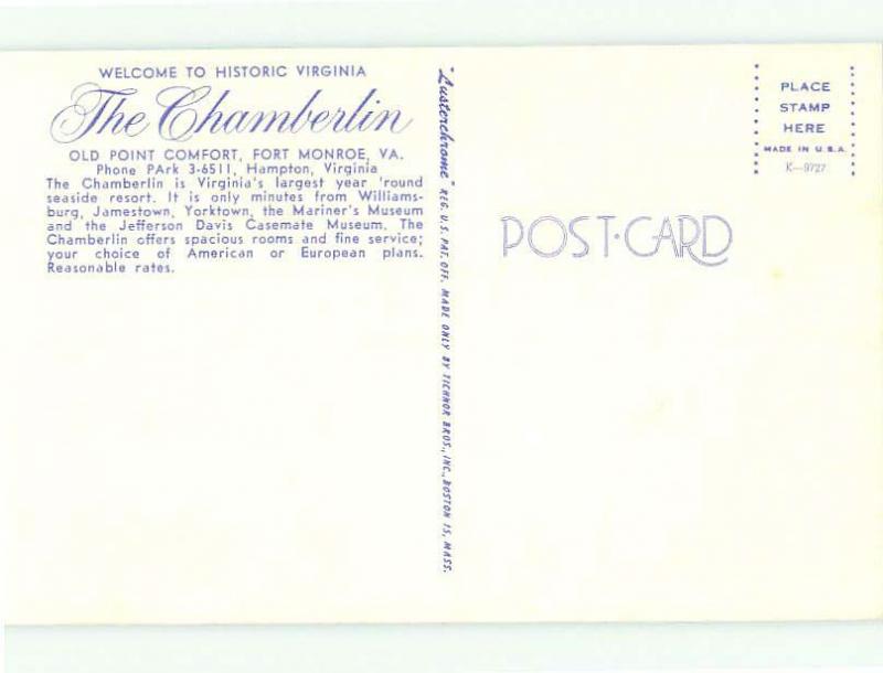 Unused Pre-1980 CHAMBERLAIN HOTEL Hampton Virginia VA hr4164@