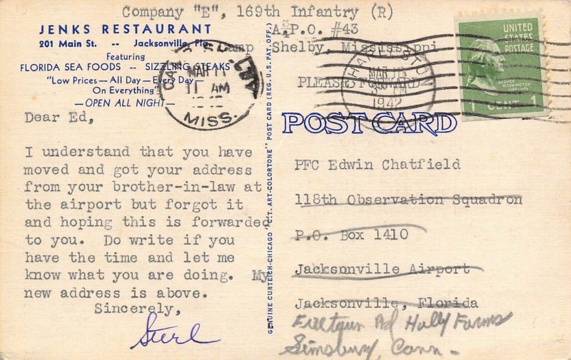 Jenks Restaurant Interior Jacksonville Florida linen postcard
