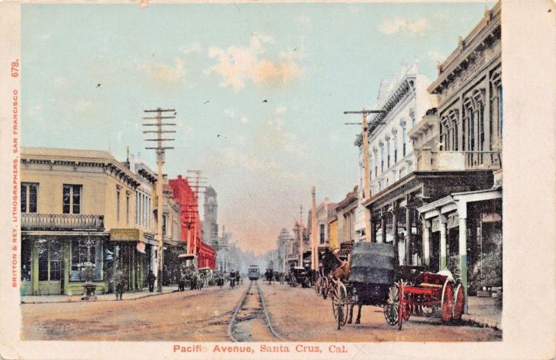 SANTA CRUZ CA~PACIFIC AVENUE-TROLLEY-STOREFRONTS-HORSE WAGONS POSTCARD 1900s