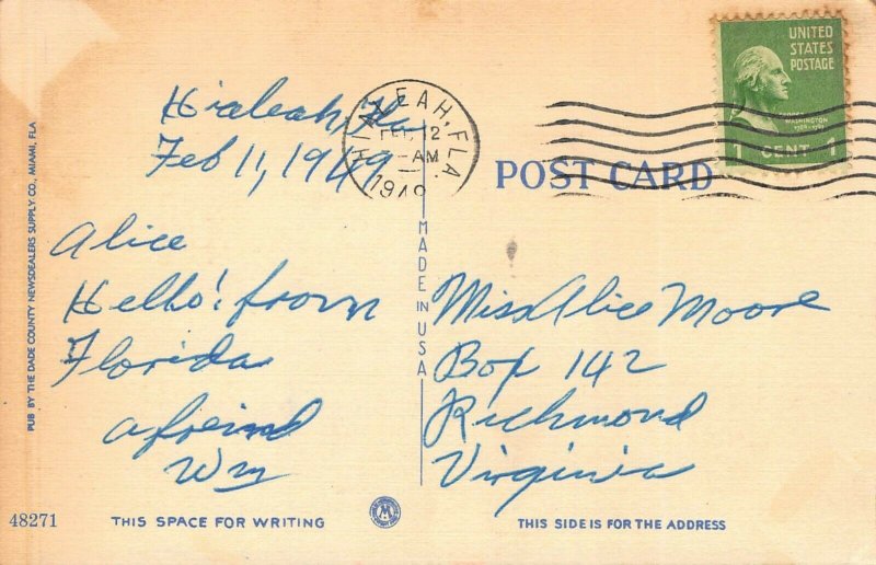 MIAMI FL~COME JOIN US-WINTER RESORT OF AMERICA-WOMAN HITCHHIKING-1949 POSTCARD